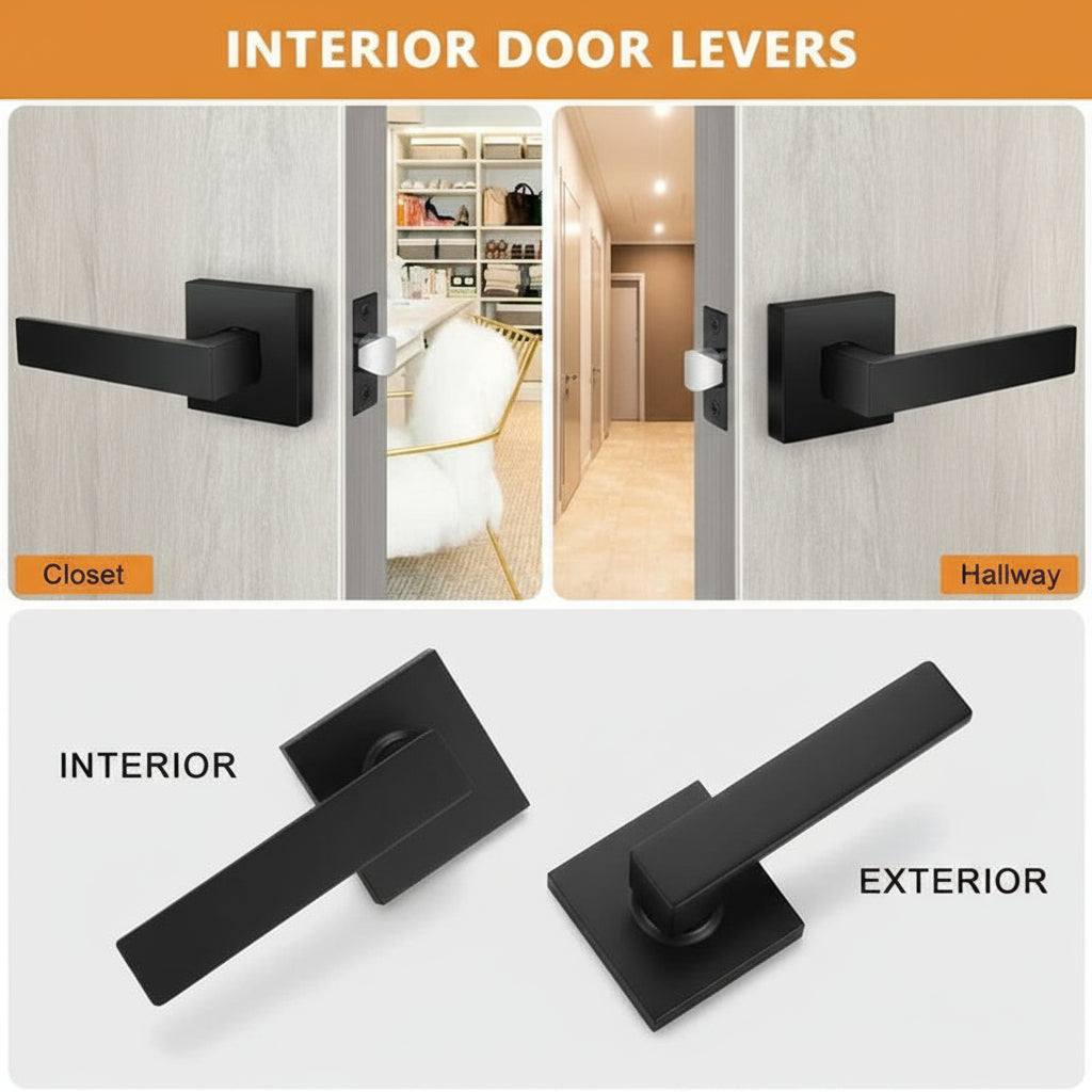 Matte Black Passage Door Levers Square Hall Closet Handles, Heavy Duty Interior Non-Locking Lever Sets, Reversible for Right & Left Side, 2 Pack